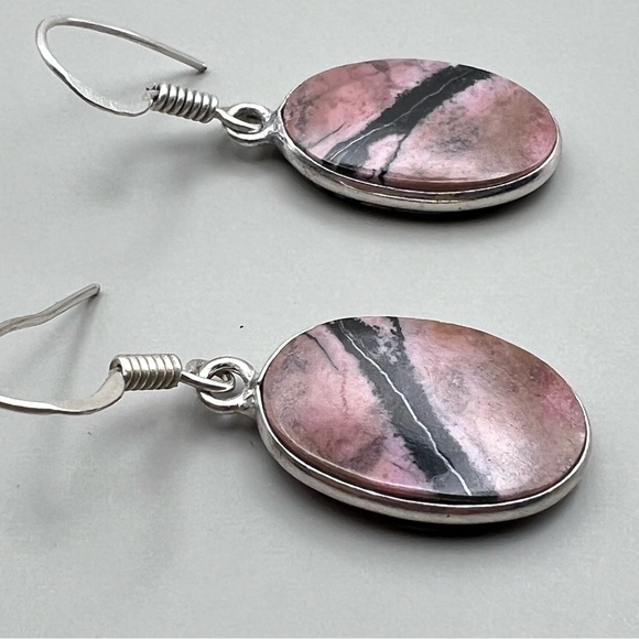 New Rhodonite Stone Silver Overlay Hook Earrings - Picture 4 of 6